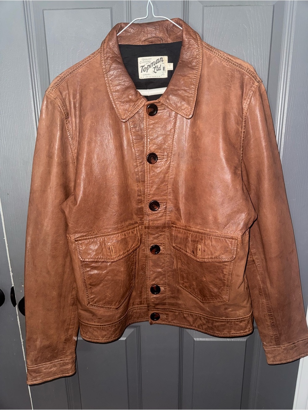 Topman Brown Leather Jacket - Button Front
